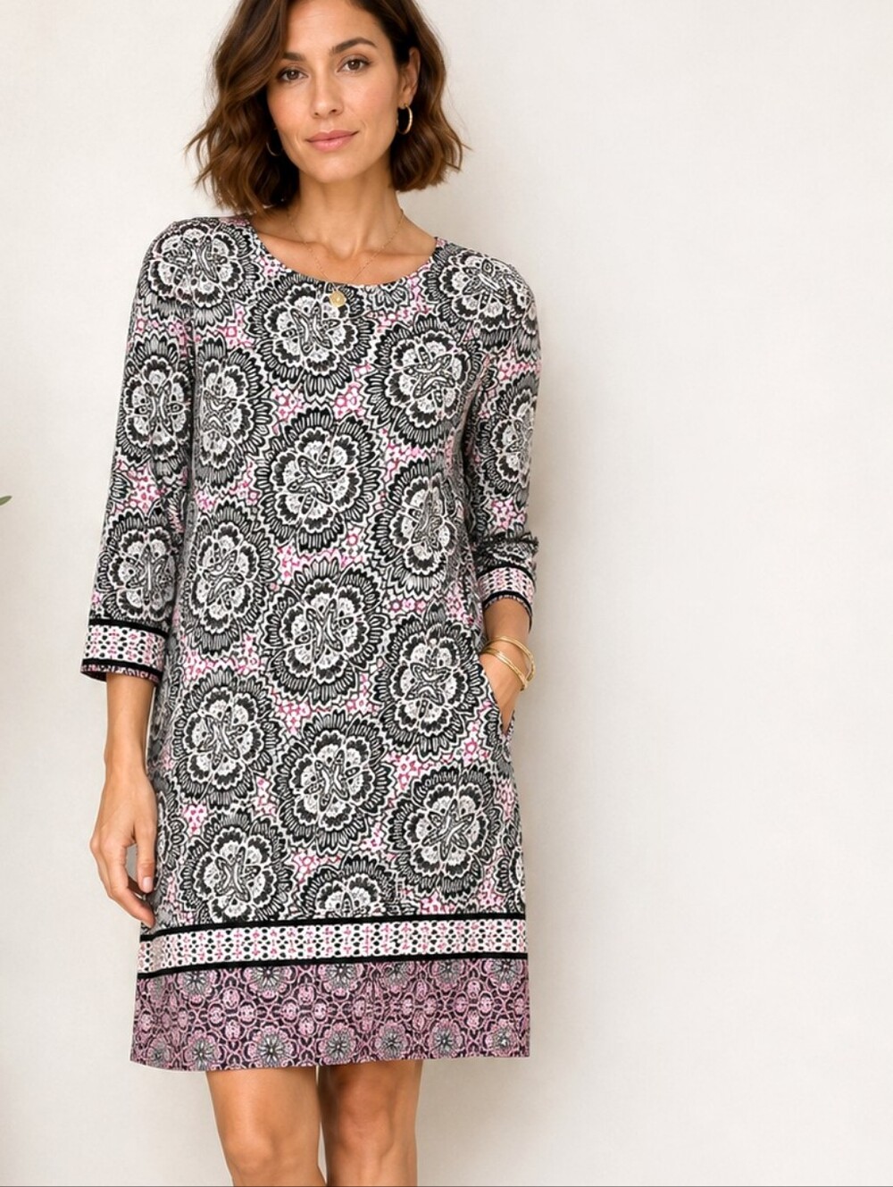 Chico's Black Pink Print Long Sleeve Dress